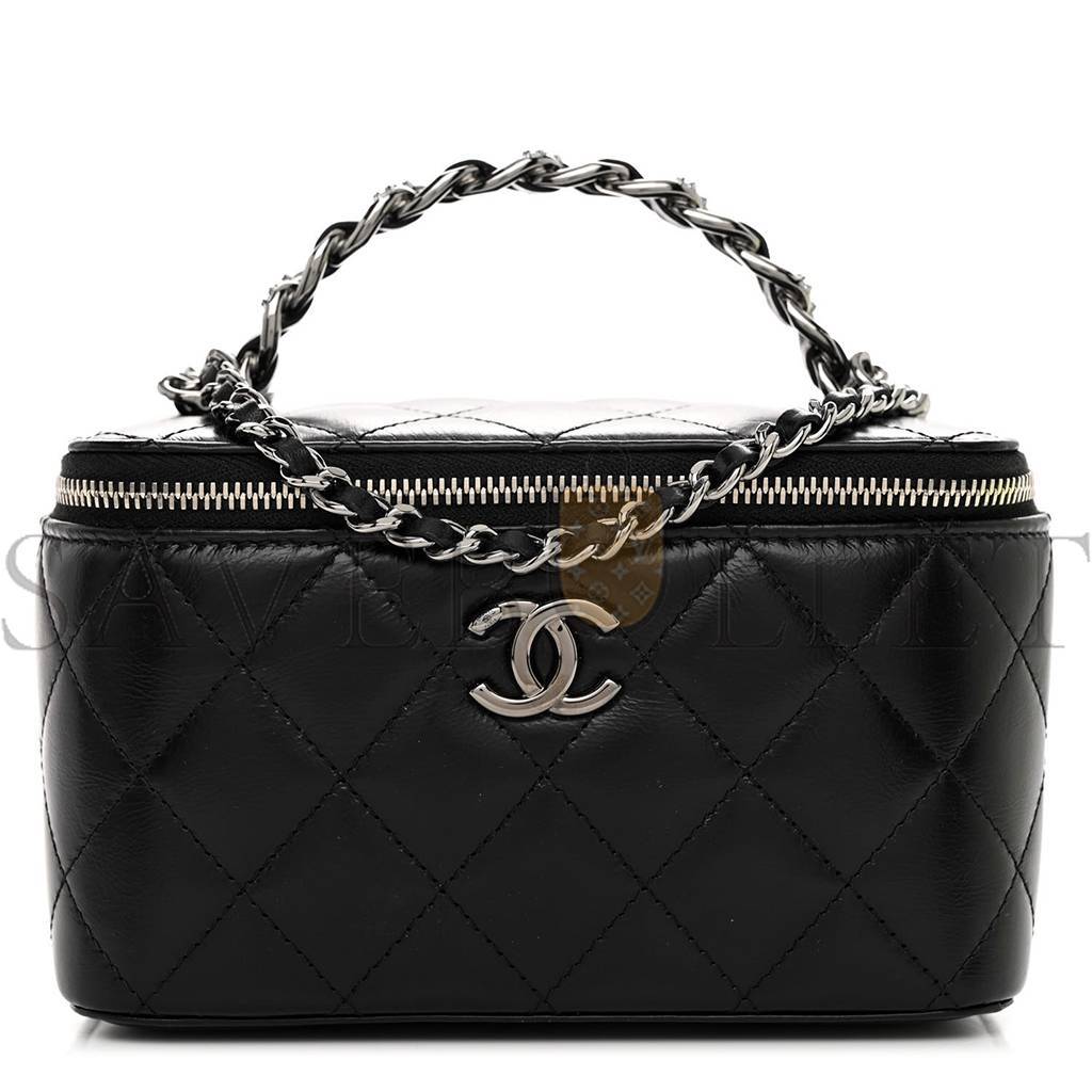 CHANEL MASTER SHINY CALFSKIN QUILTED SMALL CRYSTAL TOP HANDLE VANITY CASE WITH CHAIN BLACK A96030 (17*9.5*7.8cm)